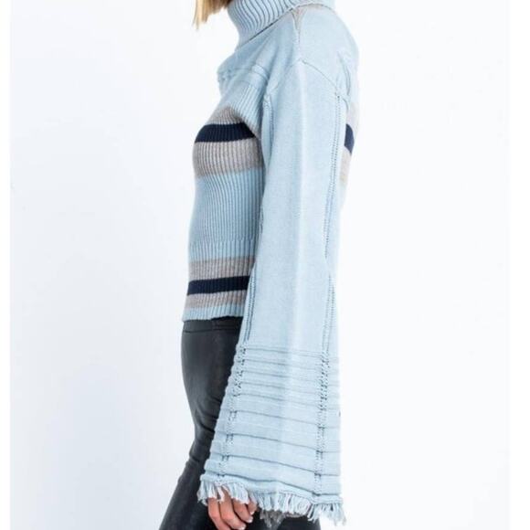 Skylar + Madison Turtleneck Sweater Blue Women S Fringe Bell Sleeve Stripes Knit - Picture 4 of 12